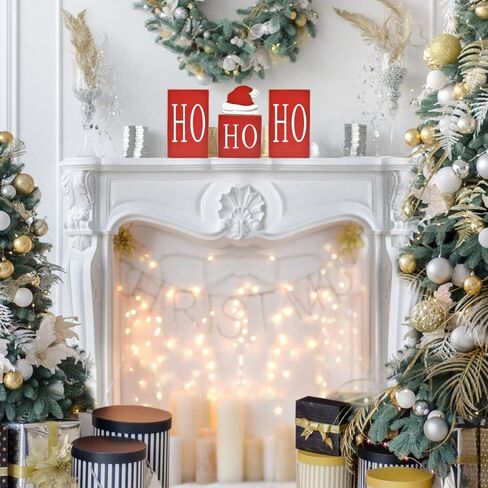Christmas Decorations, Red HO HO HO Wooden Blocks with Santa's Missing Hat, Christmas Ornaments for Home, Rustic Christmas Decorations for Tiered Tray, Shelf, Tabletop Fireplace in Kuwait