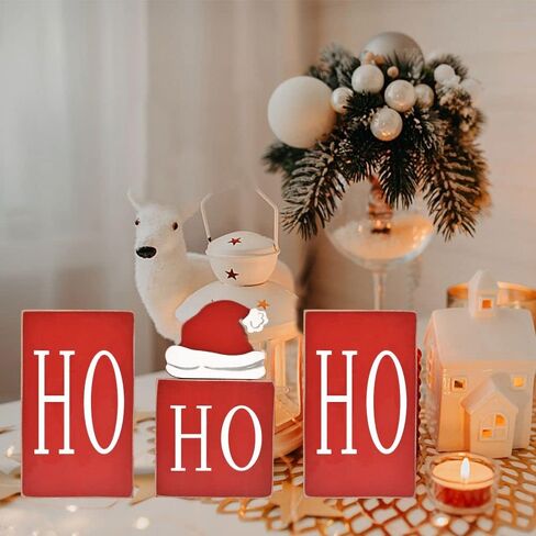 Christmas Decorations, Red HO HO HO Wooden Blocks with Santa's Missing Hat, Christmas Ornaments for Home, Rustic Christmas Decorations for Tiered Tray, Shelf, Tabletop Fireplace in Kuwait