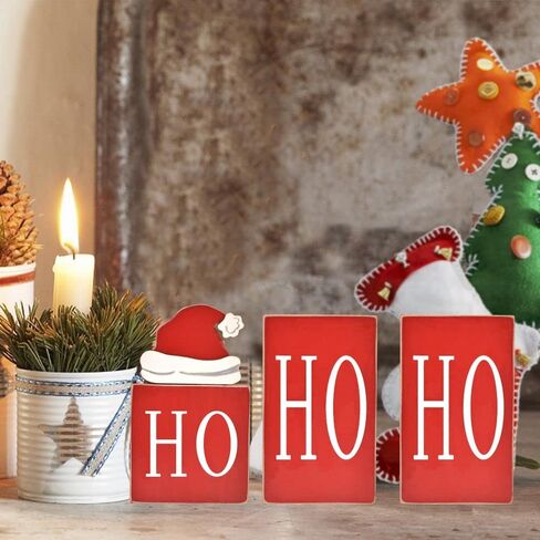 Christmas Decorations, Red HO HO HO Wooden Blocks with Santa's Missing Hat, Christmas Ornaments for Home, Rustic Christmas Decorations for Tiered Tray, Shelf, Tabletop Fireplace in Kuwait