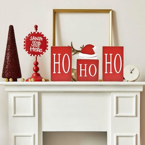 Christmas Decorations, Red HO HO HO Wooden Blocks with Santa's Missing Hat, Christmas Ornaments for Home, Rustic Christmas Decorations for Tiered Tray, Shelf, Tabletop Fireplace in Kuwait
