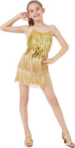 LOLANTA 2Pcs Girls Sequin Fringe Dress, Salsa Cha Cha Tassel Latin Dance Dress & Shorts, Adjustable Spaghetti Strap 5-13 Yrs in Kuwait