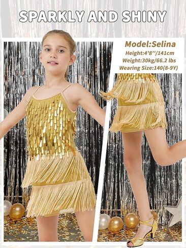 LOLANTA 2Pcs Girls Sequin Fringe Dress, Salsa Cha Cha Tassel Latin Dance Dress & Shorts, Adjustable Spaghetti Strap 5-13 Yrs in Kuwait