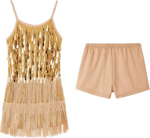 LOLANTA 2Pcs Girls Sequin Fringe Dress, Salsa Cha Cha Tassel Latin Dance Dress & Shorts, Adjustable Spaghetti Strap 5-13 Yrs in Kuwait