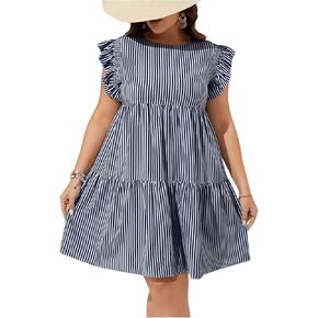 WDIRARA Women's Plus Size Striped Ruffle Trim Cap Sleeve Dress Summer A Line Dresses