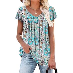 ROSELINLIN Womens Ruffle Sleeve Tunic Tops V Neck Loose Fit Short Sleeve Summer Shirts