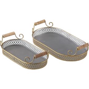 SOFE Oval Metal Gold Decorative Tray with Handles, Breakfast Food Trays Set of 2, Modern Farmhouse Serving Tray for Coffee Table, Ottoman, Perfume/Vanity Trays for Bedroom Dresser, Home Decor Tray