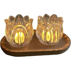 2pcs Tealight Candle Holders Glass Votive Candle Holders Tulip Tea Light Holders with Tray, for Wedding Party Home Decorations Table Centerpiece, Amber