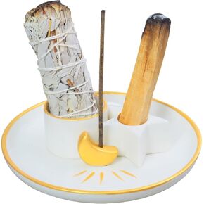 Palo Santo Sticks Holder, 4 in 1 Incense Burner Holder for Burning Sage, Palo Santo Sticks, Candle, White Ceramic Incense Smudge Candle Bowl, Ash Catcher Tray for Meditation Zen Décor