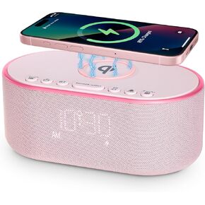 Wireless Charging Alarm Clock Radio: Qi Certified Fast Wireless Charger for iPhone Samsung - 10W Stereo Bluetooth Speaker - Dimmable Digital Clock with FM Radio for Bedroom Pink