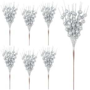 YIYA 6 عبوات من سيقان التوت اللامعة الاصطناعية الفضية من اختيارات عيد الميلاد المزيفة التوت البلاستيكي المزخرف لتزيين شجرة عيد الميلاد لتزيين الحرف اليدوية وديكور المنزل في العطلات (11 بوصة) in Kuwait