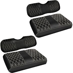 Golf Cart Seat Covers Black Leather Front and Rear Seat Covers Compatible with EZGO TXT 1994-2013 Original Ordinary Seat Cushion Beige Stitching No Staple