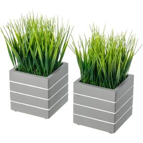 MyGift 9 Inch Tall Mini Artificial Green Grass Plants in Ribbed Gray Concrete Cube Planters, Tabletop Faux Greenery Square Cement Pots Centerpiece Décor, Set of 2