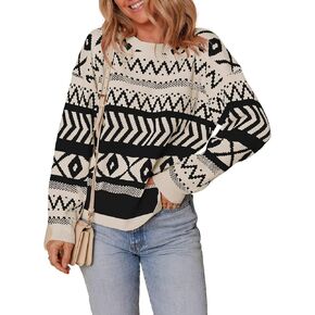 Dokotoo Womens Sweaters Casual Lightweight Round Neck Colorblock Striped Sweaters Long Sleeve Abstract Pullover Jumper Tops