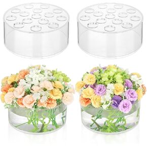 4 Pack Clear Acrylic Flower Vase Circle Floral Centerpiece Dining Table, 5.9 Inch Wedding Round Flower Vase, 15 Holes Modern Acrylic Low Vases with Holes