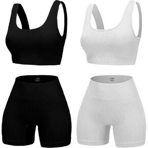 4 Piece Workout Sets for Women Seamless Ribbed High Waist Yoga shorts with Sports Bra Outfits