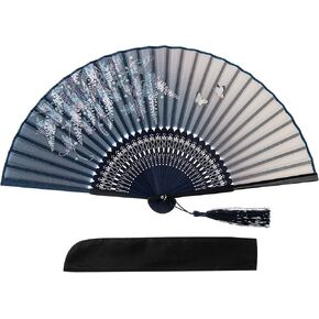 HeyToo Bamboo Hand Fan Bamboo Printed Pattern Folding Fan Lacquered Bamboo Fan For Party Wedding Gift With tassel and fan cover green Cherry Blossom