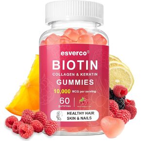 Biotin Gummies 10000mcg Keratin Collagen Supplement, Prevents Thinning & Loss, Support Hair, Skin, Nail Growth,Non-Sticky, for Adult, Chewable Biotin, Natural Raspberry Flavor, Vitamin C, 60