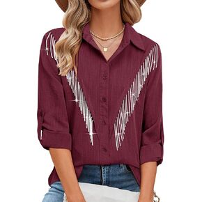 Womens Rhinestone Fringe Button Down Shirt Rolled 3/4 Sleeve Sparkly Top Concert Nashville Western Cowgirl Outfit