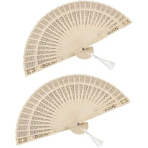 Wooden Folding Fan (2 pcs), Sandalwood, Vintage, Hollow, Handheld, Tassels, Chinese, Fan Ornament, Women, Wedding