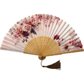 FANSOF.FANS Colorful Flower Themed Silk Fabric Handheld Folding Fan with Grade A Bamboo Ribs for Women Girls Event Birthday Wedding Favour With Tassel (Red Roses)