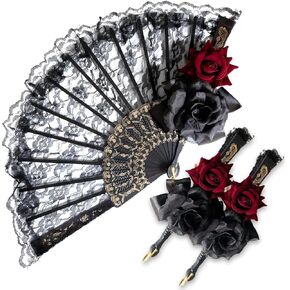 2 Pcs Retro Hand Fans Lace Rose Handheld Foldable Fan for Halloween Decoration Costume ,Vintage Spanish Large Folding Fan for Women Girls Halloween Party Cosplay Dancing Performance Photo Props