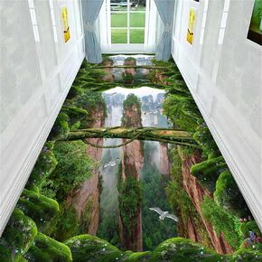 Optical Illusion Area Rug, 2x7ft, 3D Green Corridor Rugs with Prints Like Cliffs Flying Cranes and Green Plants, Exciting Abstract Decorative Carpet for Living Room Children's Bedroom Office