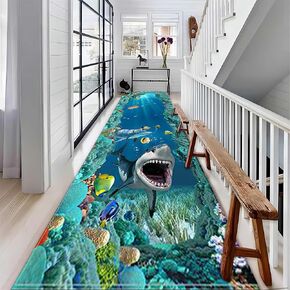 Optical Illusion Area Rug, 2x7ft, 3D Green Corridor Rugs with Prints Like Cliffs Flying Cranes and Green Plants, Exciting Abstract Decorative Carpet for Living Room Children's Bedroom Office