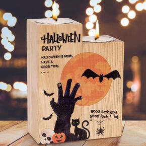 Halloween Candle Holder, Wooden Tealight Candle Holder Set of 2 Spooky Halloween Votive Holders with 2 Candles, Rustic Natural Wood Tea Light Holders Table Centerpieces for Halloween Party
