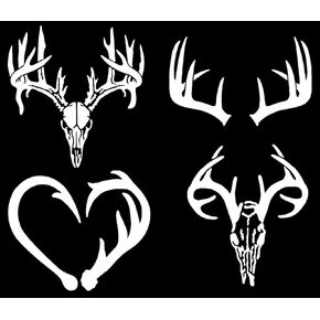 Antler Wildlife Decal 4 Pack: Deer Buck Antlers Skull, Antler Hook Heart (White, Large ~5")