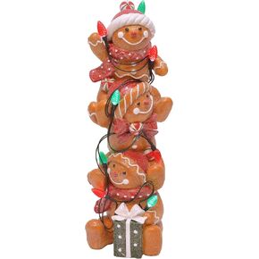Mark Feldstein & Associates Holiday Stacked Gingerbread Men Tabletop Figurine Decor with LED C7 Bulbs, 12 Inch