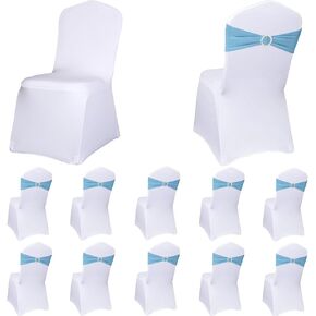 White Chair Covers 10 PCS with Pink Chair Sashes Set 10 PCS Fitted Banquet Chair Seat Covers and Chair Bows Chair Bands for Party Events Wedding Decorations