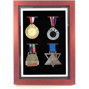 Medal Display Shadow Box, Medal Display Frame, 4 Medals Display Case, Perfect Medal Display for War Military, Runners, Marathon, RECE Winner, Football, Gymnastics & All Sports (Red Wood, 13x9.5'')