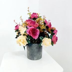 Artificial Flowers Mini Potted Plants, Antique Rose & Champagne Rose Red Eucalyptus + Paper Pulp Cylindrical Vase, Small Fake Plant Potted Decor for Offices, Bookshelf, Bedroom, Living Room, Party