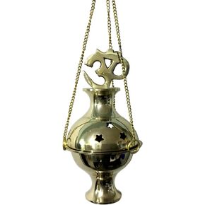Vrinda® Brass Hanging Censer/Charcoal Incense Burner | Traditional Aromatherapy Tool for Home & Meditation Spaces | Beautiful Hanging Design | Om Design | 4'' High (Gold)