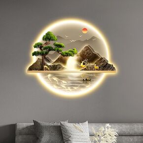 zyiesrsq Zen Wall Art Decor with Led Light, Welcoming Pine Wall Decor Art, 3D Wall Sculpture Painting Decoration, Landscape Wall Sculptures for Living Room Bedroom Office Entrance (A, 50×60cm)