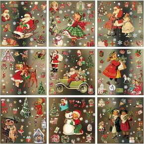 Cholemy 9 Sheet Christmas Window Clings Window Stickers Christmas Decorations Double Sided Colorful Static Window Decals for Home Party Office Classroom Hop Window Glass Decorations(Vintage)