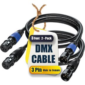 DMX Cables 3ft 2 Pack - 3 Pin DMX Lighting Cable for DMX 512 (Multi color coded)