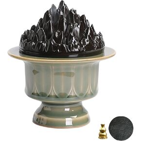 Ceramic Incense Burner with Lid of Mountain Shape,Incense Cone Holder for Coil Incense and Powder Incense,Mediation Gift,Room Decor(Celadon)