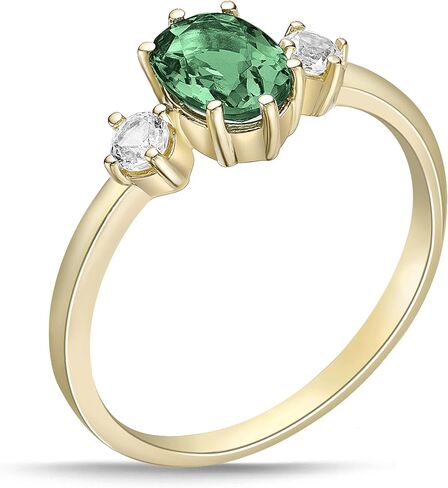 14K Yellow Gold Plated .925 Sterling Silver Oval Cut Birthstone & Created White Sapphire Three Stone Engagement Ring - Choice of Birthstone/Month in Saudi Arabia