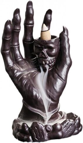 YYW السيراميك حامل البخور ذو التدفق الخلفي على شكل جمجمة مبخرة الشلال مع 20 مخروط بخور ذو تدفق خلفي + 30 عصا بخور، حصيرة، ملقط، زخرفة عطرية لديكور المنزل (بني) in Kuwait