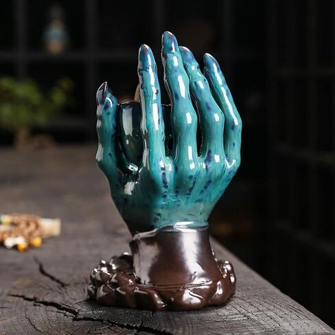 YYW السيراميك حامل البخور ذو التدفق الخلفي على شكل جمجمة مبخرة الشلال مع 20 مخروط بخور ذو تدفق خلفي + 30 عصا بخور، حصيرة، ملقط، زخرفة عطرية لديكور المنزل (بني) in Kuwait