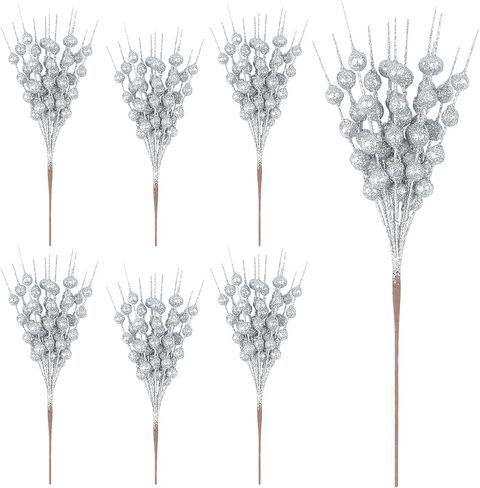 YIYA 6 عبوات من سيقان التوت اللامعة الاصطناعية الفضية من اختيارات عيد الميلاد المزيفة التوت البلاستيكي المزخرف لتزيين شجرة عيد الميلاد لتزيين الحرف اليدوية وديكور المنزل في العطلات (11 بوصة) in Kuwait