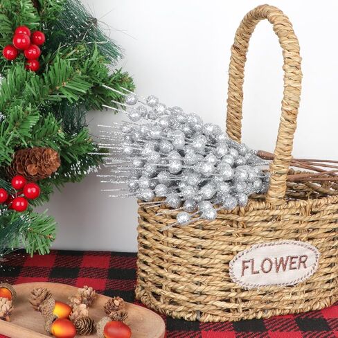YIYA 6 عبوات من سيقان التوت اللامعة الاصطناعية الفضية من اختيارات عيد الميلاد المزيفة التوت البلاستيكي المزخرف لتزيين شجرة عيد الميلاد لتزيين الحرف اليدوية وديكور المنزل في العطلات (11 بوصة) in Kuwait