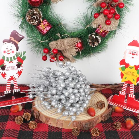 YIYA 6 عبوات من سيقان التوت اللامعة الاصطناعية الفضية من اختيارات عيد الميلاد المزيفة التوت البلاستيكي المزخرف لتزيين شجرة عيد الميلاد لتزيين الحرف اليدوية وديكور المنزل في العطلات (11 بوصة) in Kuwait