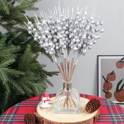 YIYA 6 عبوات من سيقان التوت اللامعة الاصطناعية الفضية من اختيارات عيد الميلاد المزيفة التوت البلاستيكي المزخرف لتزيين شجرة عيد الميلاد لتزيين الحرف اليدوية وديكور المنزل في العطلات (11 بوصة) in Kuwait