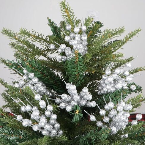 YIYA 6 عبوات من سيقان التوت اللامعة الاصطناعية الفضية من اختيارات عيد الميلاد المزيفة التوت البلاستيكي المزخرف لتزيين شجرة عيد الميلاد لتزيين الحرف اليدوية وديكور المنزل في العطلات (11 بوصة) in Kuwait