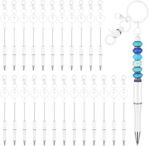 Kosiz 24 Pcs Beadable Pen Beadable Keychain Bars Pens Kit for DIY Bead Pens School Thank Office Graduation Presents(White) in Saudi Arabia