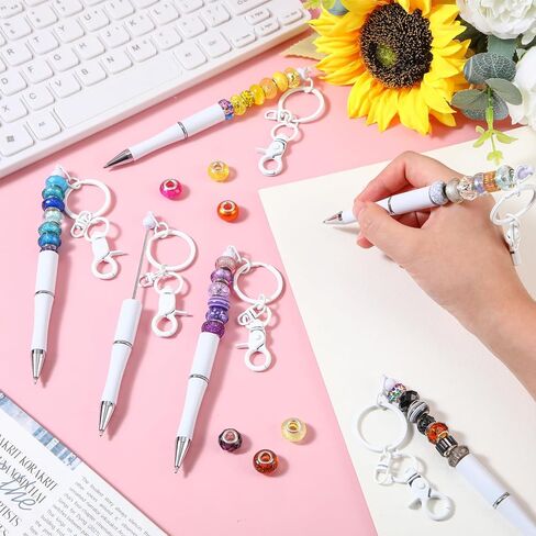 Kosiz 24 Pcs Beadable Pen Beadable Keychain Bars Pens Kit for DIY Bead Pens School Thank Office Graduation Presents(White) in Saudi Arabia