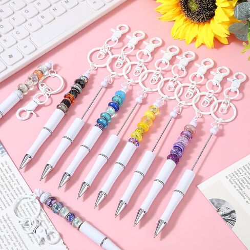 Kosiz 24 Pcs Beadable Pen Beadable Keychain Bars Pens Kit for DIY Bead Pens School Thank Office Graduation Presents(White) in Saudi Arabia