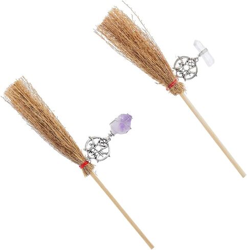 SUPERFINDINGS 2Pcs Mini Straw Brooms with Crystal Charms 16.5cm Halloween Witches Doll Tiny Brooms Straw Craft Halloween Decoration Prop Cosplay Party in Saudi Arabia